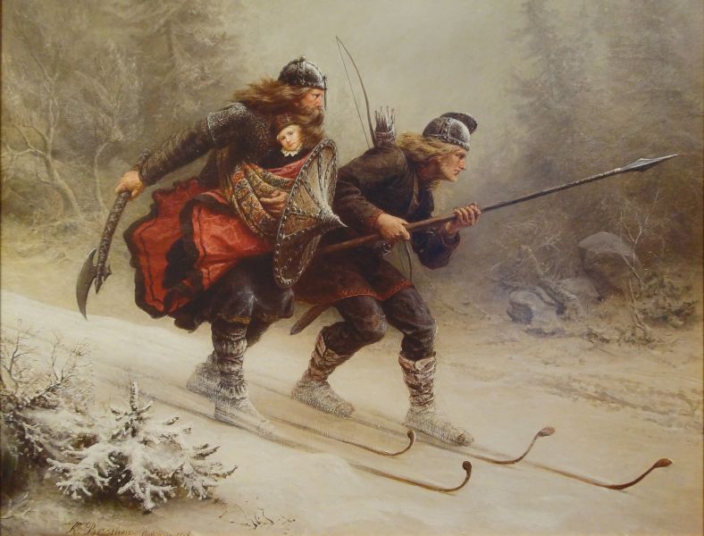 Fil:Birkebeinerne på Ski over Fjeldet med Kongsbarnet (cropped).jpg