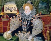 Elisabeth I av England, Armada-portrettet, George Gower, ca 1588. Andre versjoner av det samme portrettet er malt av andre kunstnere, men alle har gjengitt dronningen med rødt hår eller kastanjebrunt.